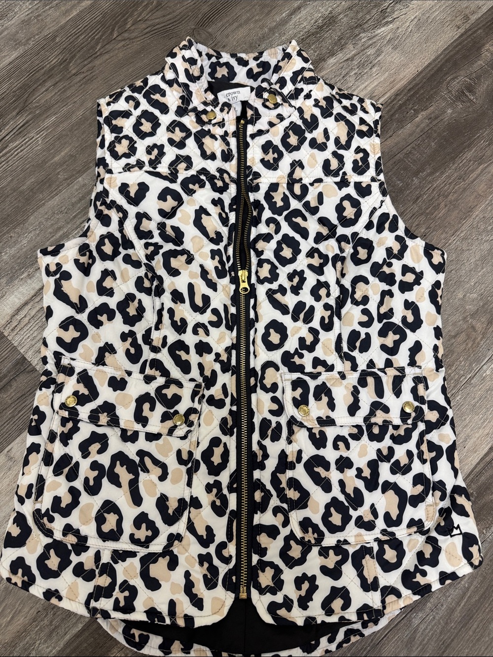 crown & ivy Cream and Black Leopard Quilted Vest with Gold Accents
